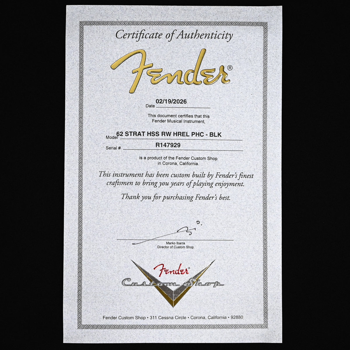 Fender Custom Shop '62 Stratocaster HSS w/ Painted Headcap, Heavy Relic- Black 2026 (R147929)