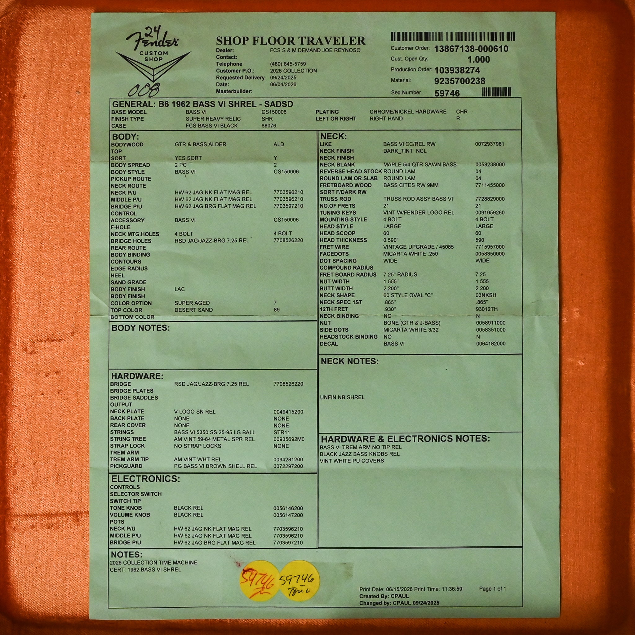 Fender Custom Shop 1962 Bass VI Super Heavy Relic- Super Aged Dessert Sand 2026 (CZ591629)