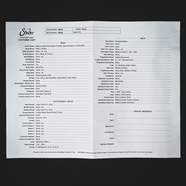 Suhr Mateus Asato Signture Series Classic T w/ Lollar Gold Foil Pickups & Tremolo- MA White 2025 (88046)