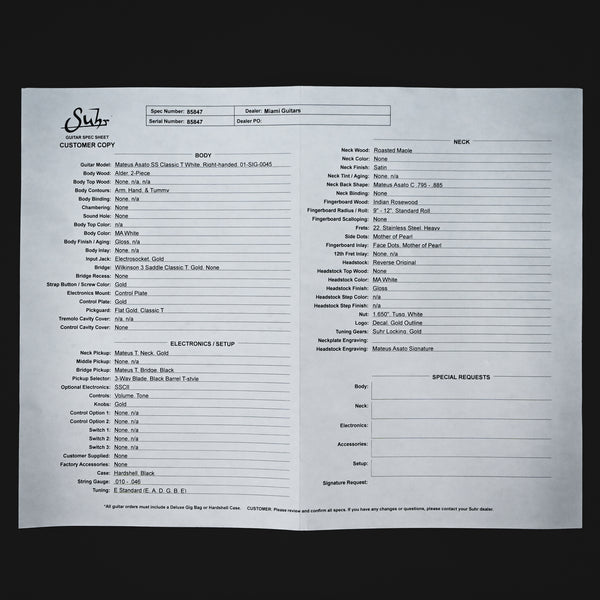 Suhr Mateus Asato Signature Series Classic T Electric Guitar- MA White 2025 (85847)