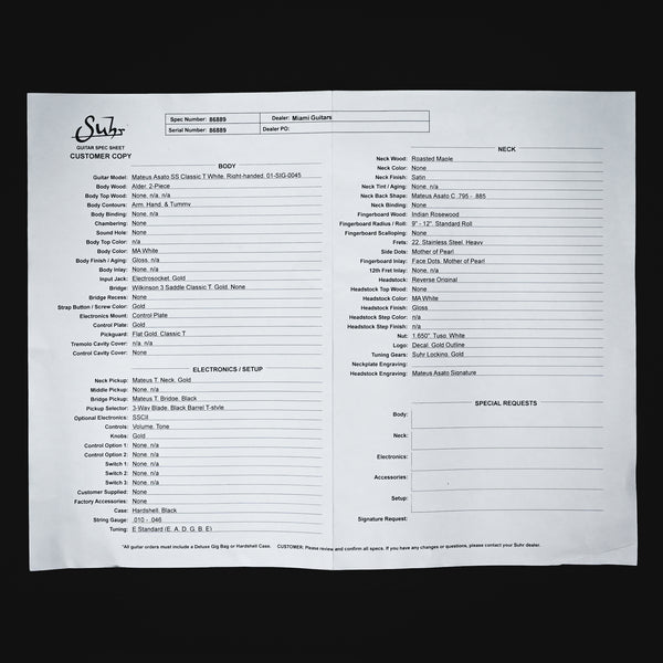 Suhr Mateus Asato Signature Series Classic T Electric Guitar- MA White 2025 (86889)