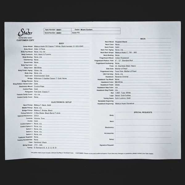 Suhr Mateus Asato Signature Series Classic T Electric Guitar- MA White 2025 (86891)