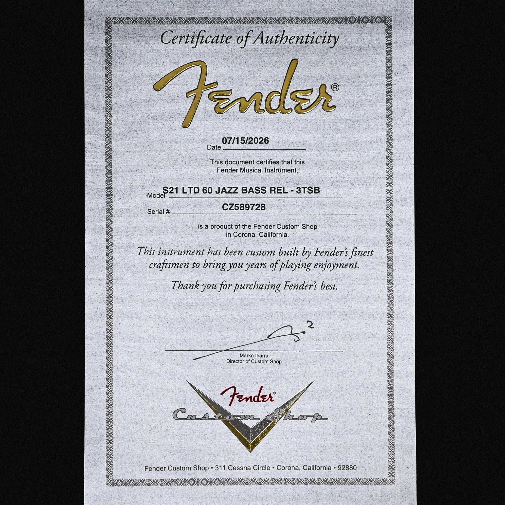 Fender Custom Shop Limited Edition '60 Jazz Bass Relic- 3 Color Sunburst 2026 (CZ589728)