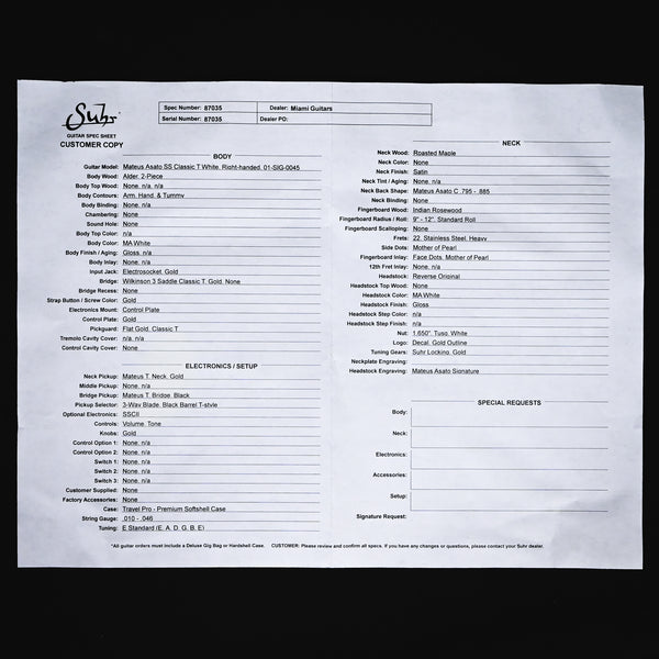 Suhr Mateus Asato Signature Series Classic T w/ Premium Softshell Case- MA White 2025 (87035)