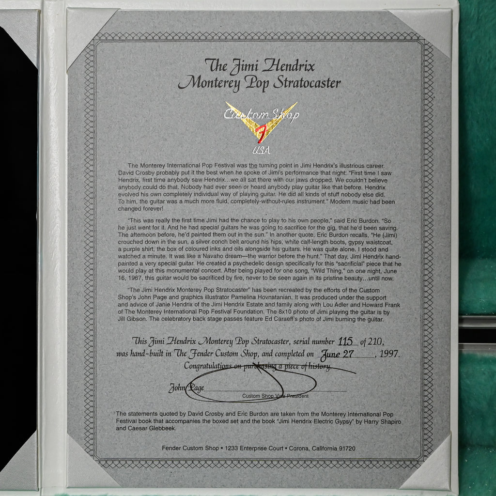 Fender Custom Shop Jimi Hendrix Monterey Pop Stratocaster Diamond Dealer Mint John Mayer (No. 115 of 210) 1997
