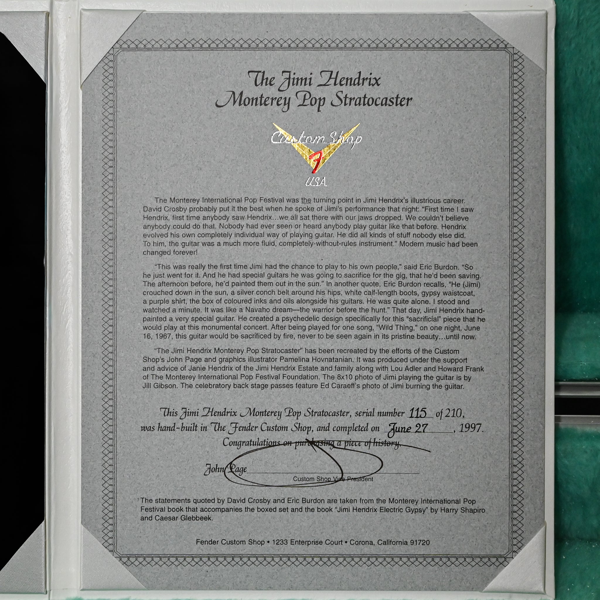 Fender Custom Shop Jimi Hendrix Monterey Pop Stratocaster Diamond Dealer Mint John Mayer (No. 115 of 210) 1997
