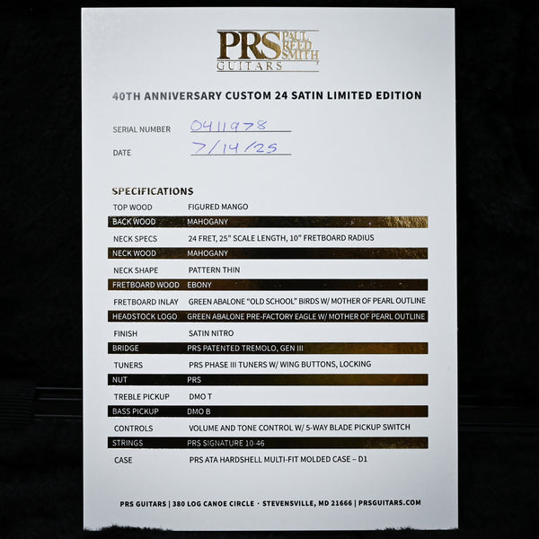 PRS 40th Anniversary Custom 24 Satin Limited Edition- Charcoal Tri-Color 2025 (0411978)