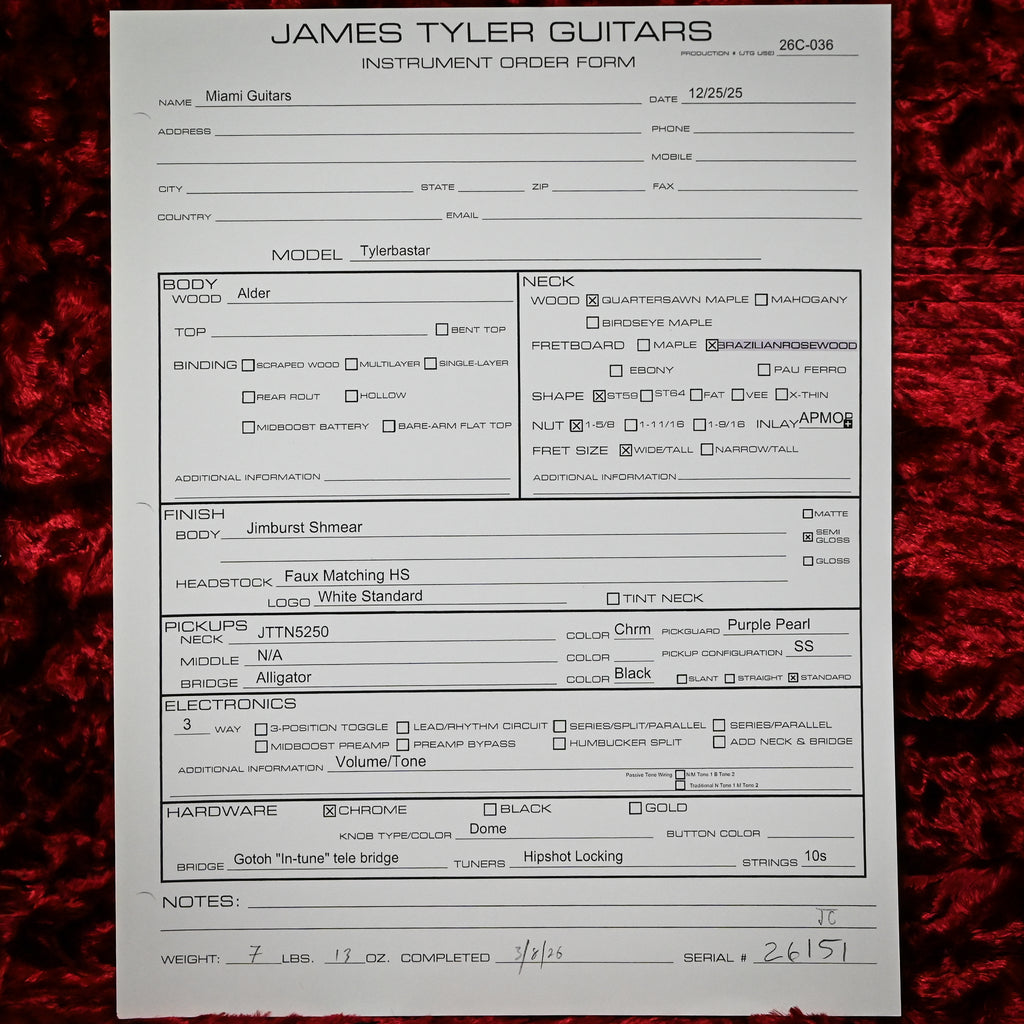 James Tyler Tylerbaster w/ Brazilian Rosewood Fingerboard- Jimburst Shmear 2026 (26151)