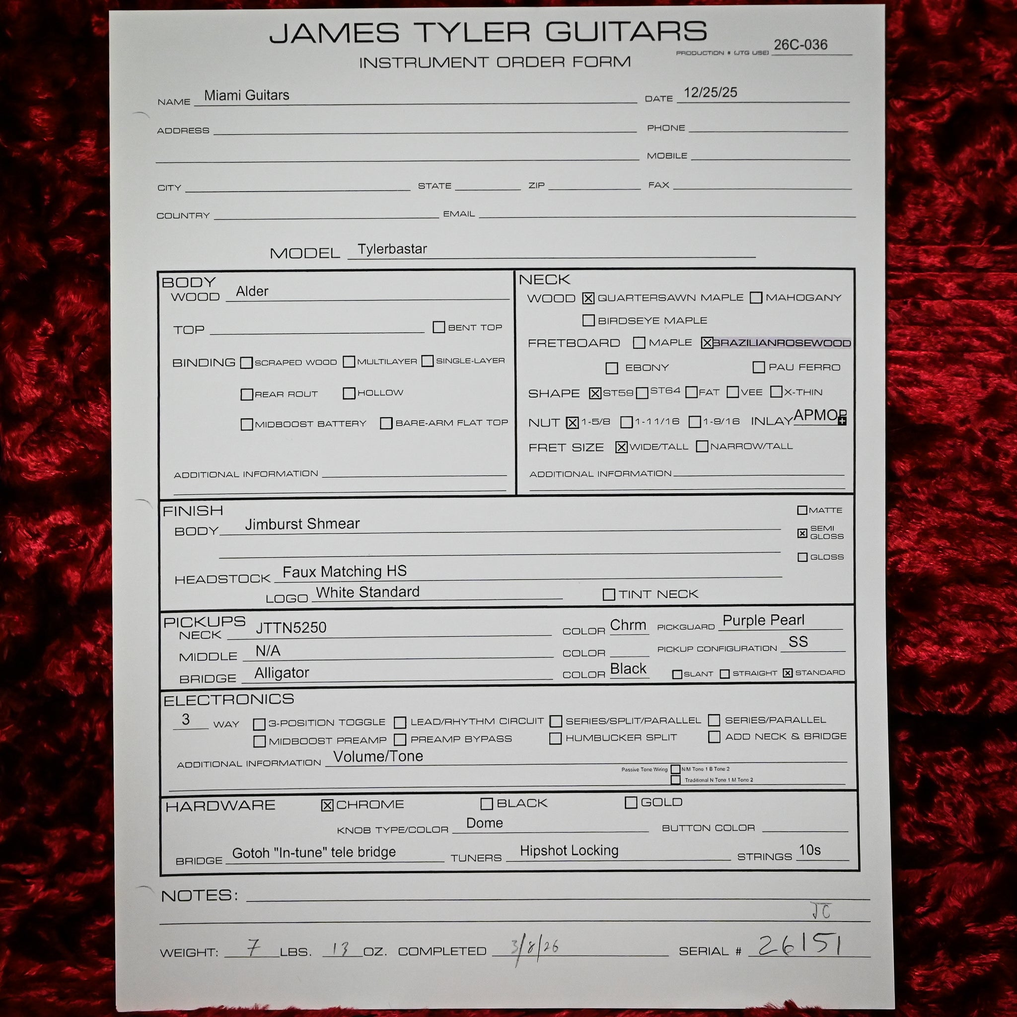 James Tyler Tylerbaster w/ Brazilian Rosewood Fingerboard- Jimburst Shmear 2026 (26151)