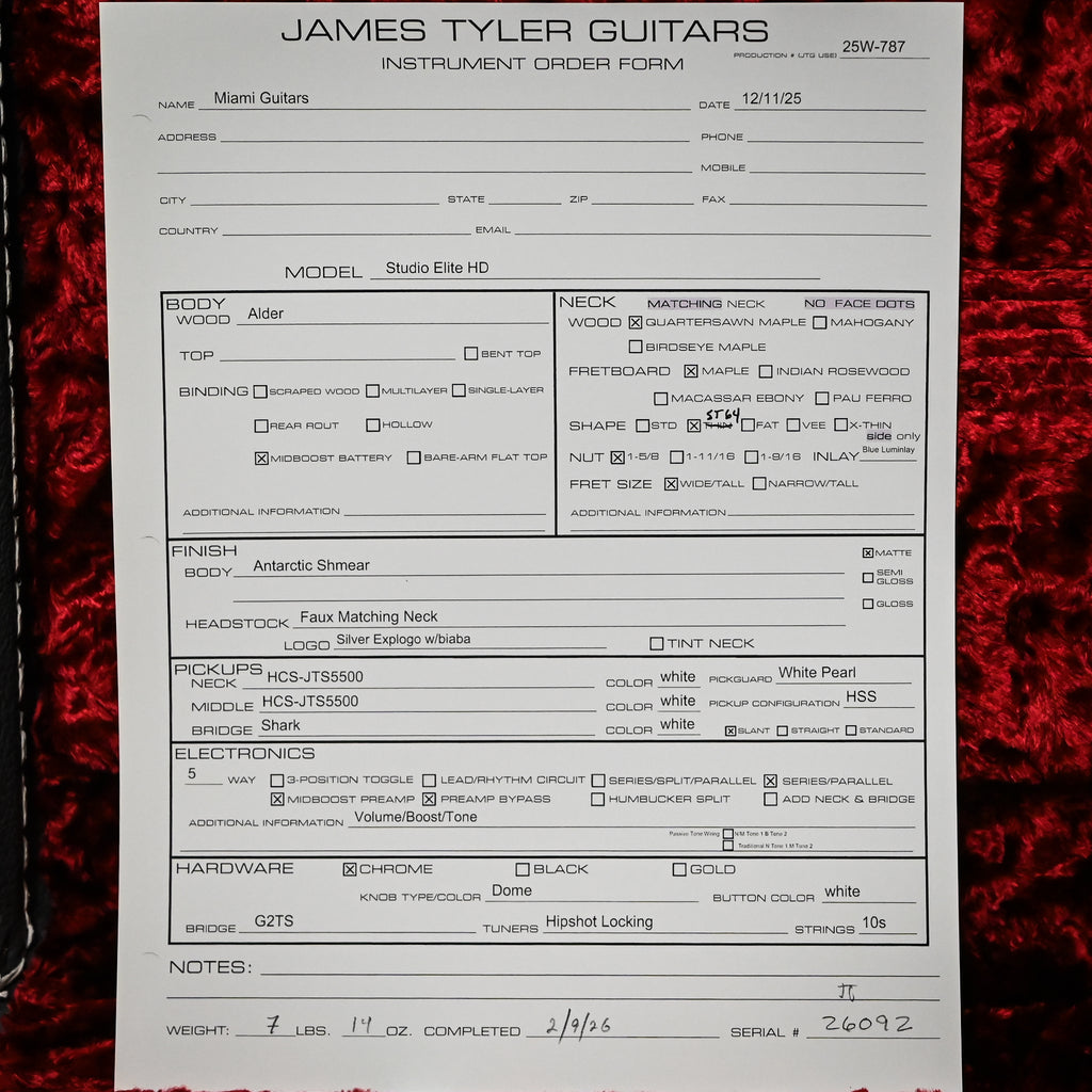 James Tyler Studio Elite HD w/ Maple Fretboard- Antarctic Shmear 2026 (26092)