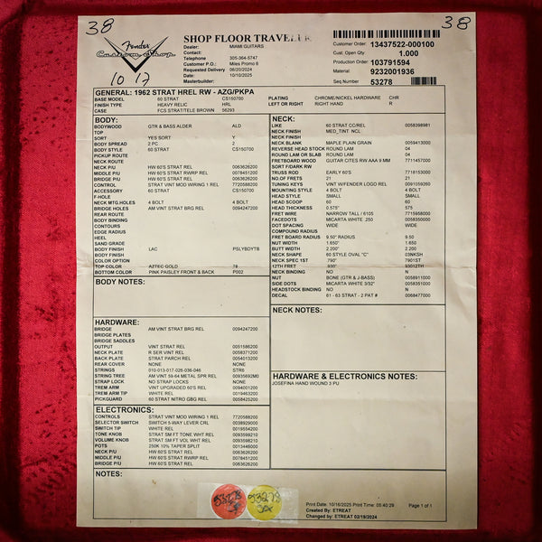 Fender Custom Shop 1962 Stratocaster Heavy Relic Aztec Gold / Pink Paisley Josefina Hand Wound Pickups 2025 (R147398)