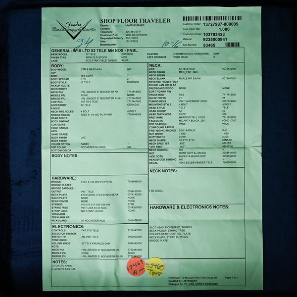 Fender Custom Shop Limited Edition '52 Telecaster NOS- Faded Nocaster Blonde 2025 (R139605)