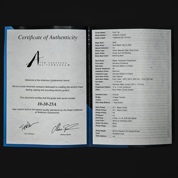 Tom Anderson Custom Drop Top Electric Guitar- Honey Surf w/ Binding 2025 (10-10-25A)