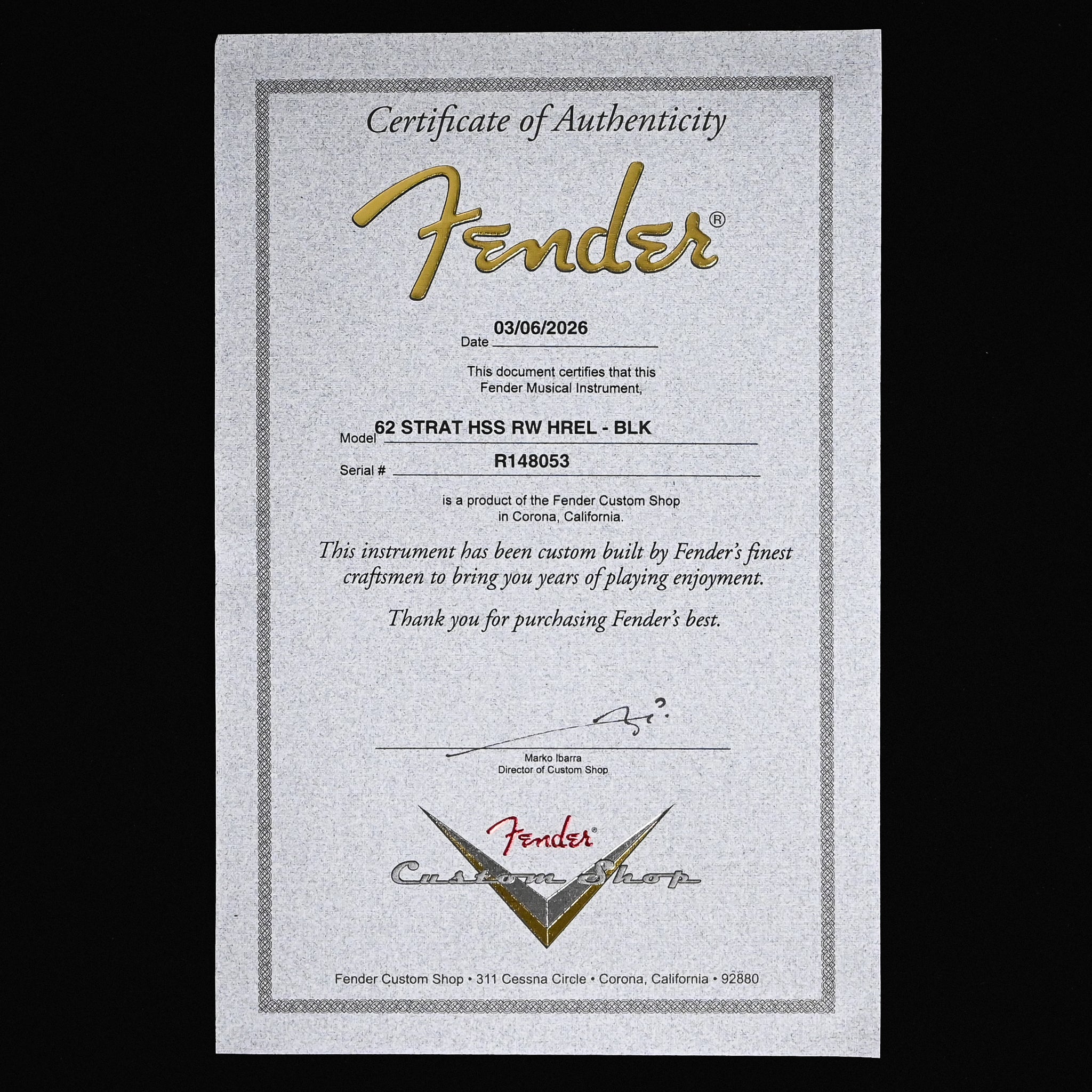 Fender Custom Shop '62 Stratocaster HSS Heavy Relic- Black 2026 (R148053)