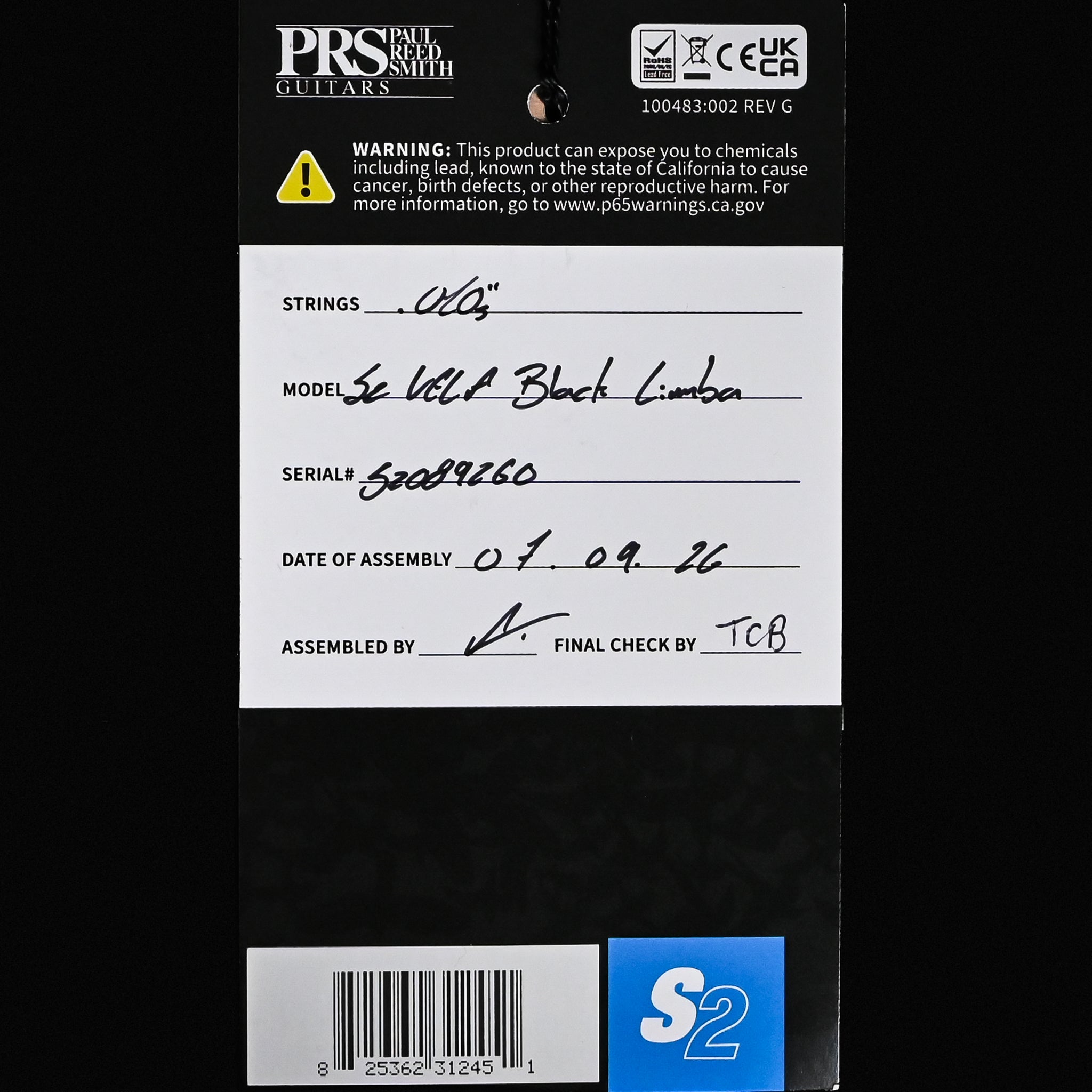PRS S2 Vela Black Limba Limited Edition- Natural 2026 (S2089260)