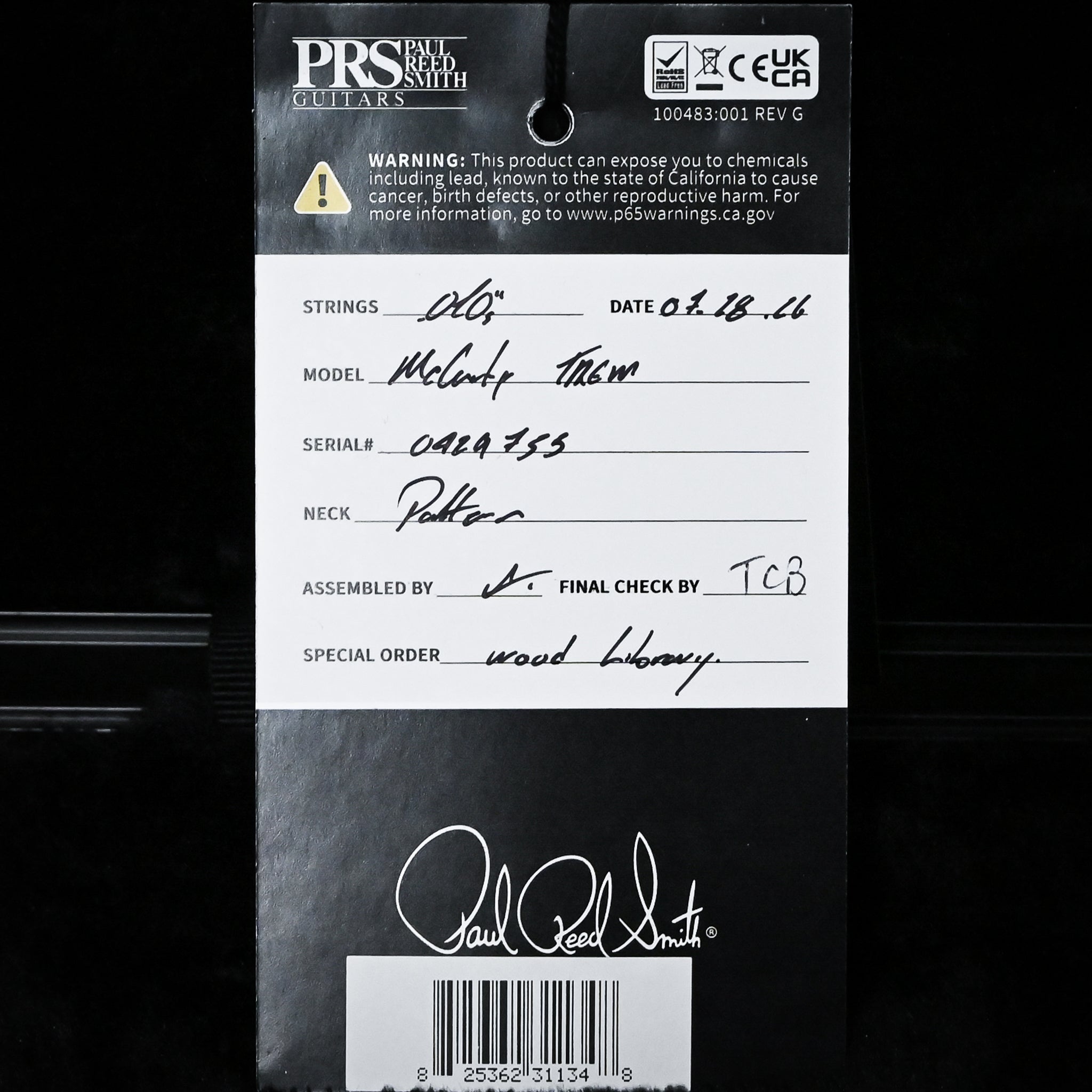 PRS Wood Library McCarty Tremolo w/ 10-Top & "408" Switching- Charcoal Black Back (Natural Binding)- Stained Neck 2026 (0429755)