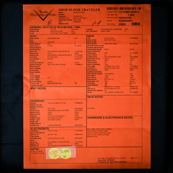 Fender Custom Shop Limited Edition '52 Telecaster NOS- Faded Nocaster Blonde 2025 (R142592)