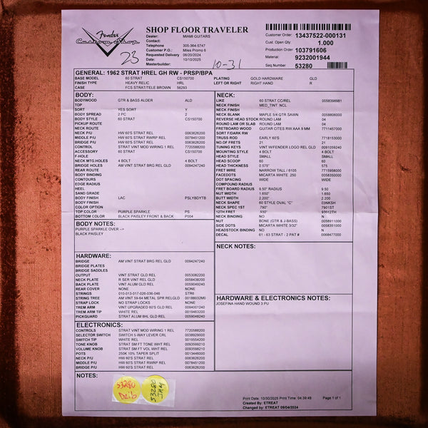 Fender Custom Shop 1962 Stratocaster w/ Gold Hardware Heavy Relic- Purple Sparkle / Black Paisley 2025 (R148652)