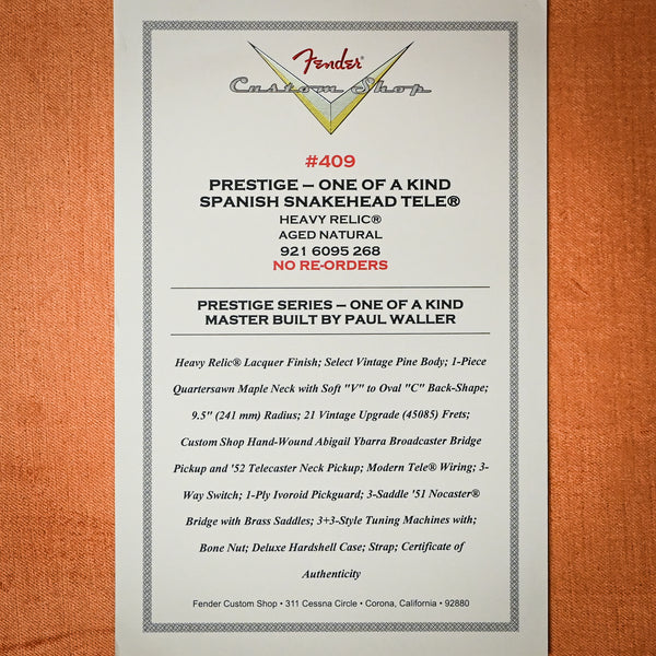 Fender Custom Shop PRESTIGE-ONE OF A KIND Masterbuilt Paul Waller Spanish Snakehead Telecaster Heavy Relic- Aged Natural 2026 (PW532)