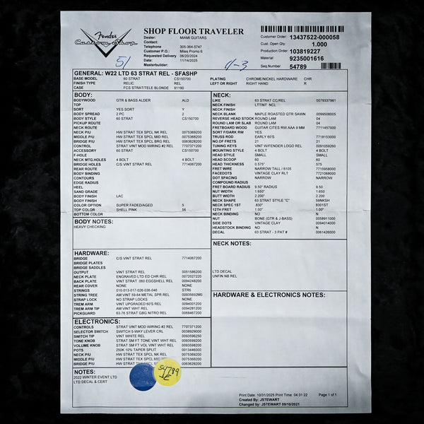 Fender Custom Shop Limited Edition '63 Stratocaster Relic- Super Faded Aged Shell Pink 2025 (CZ586641)