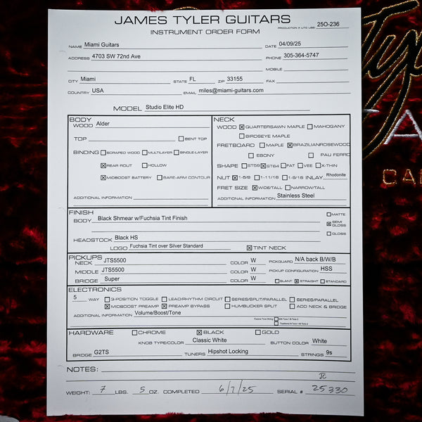 James Tyler Studio Elite HD w/ Brazilian Rosewood- Black Shmear w/ Fuchsia Tint 2025 (25330)