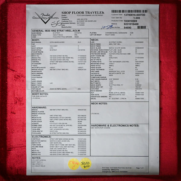 Fender Custom Shop Limited Edition 1962 Stratocaster w/ Handwound 60/63 Pickups, Heavy Relic- Aged Olympic White 2025 (CZ589368)