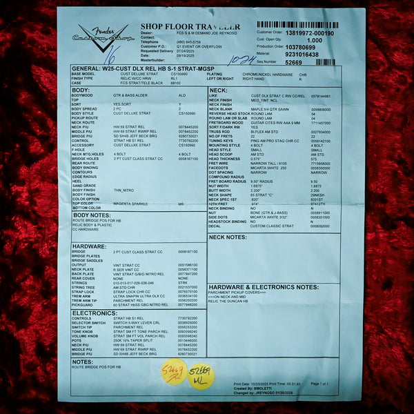 Fender Custom Shop Deluxe Stratocaster w/ Seymour Duncan SH4B Humbucker, Relic/ Closet Classic Hardware- Magenta Sparkle 2025 (R147307)