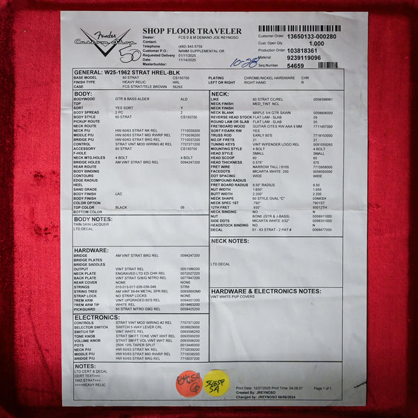 Fender Custom Shop Limited Edition 1962 Stratocaster w/ Handwound 60/63 Pickups, Heavy Relic- Black 2025 (CZ589459)