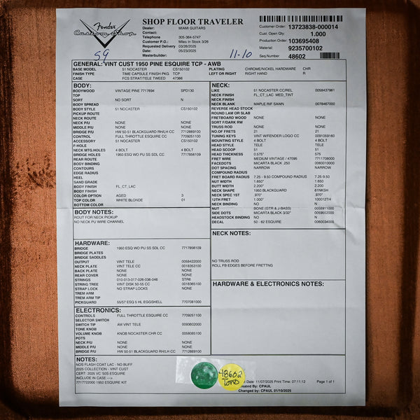 Fender Custom Shop Vintage Custom 1950 Pine Esquire Time Capsule Finish- Aged White Blonde 2025 (R149294)