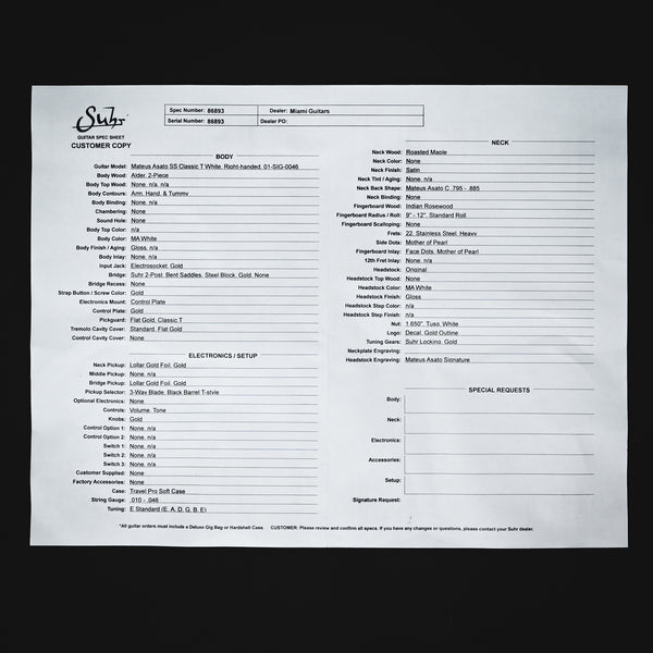 Suhr Mateus Asato Signture Series Classic T w/ Lollar Gold Foil Pickups, Tremolo & Premium Softshell Case- MA White 2025 (86893)