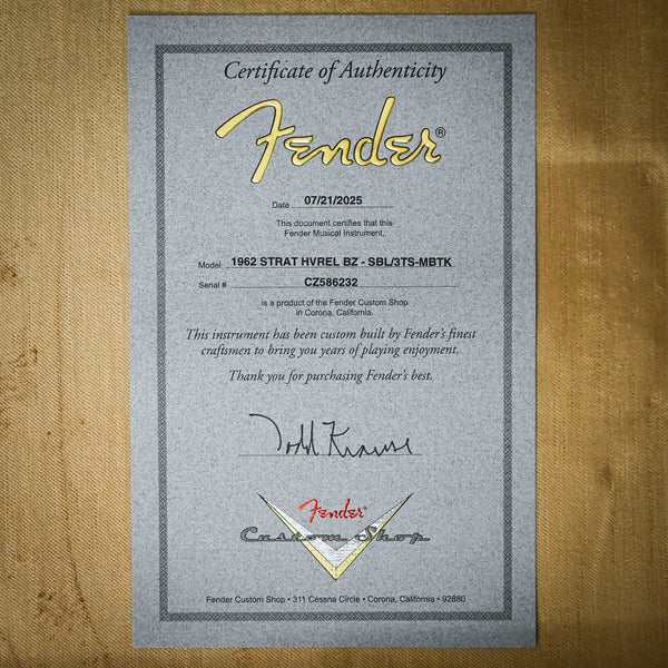 Fender Custom Shop Masterbuilt Todd Krause 1962 Stratocaster w/ Brazilian Rosewood, Heavy Relic- Sonic Blue/ 3 Color Sunburst 2025 (CZ586232)