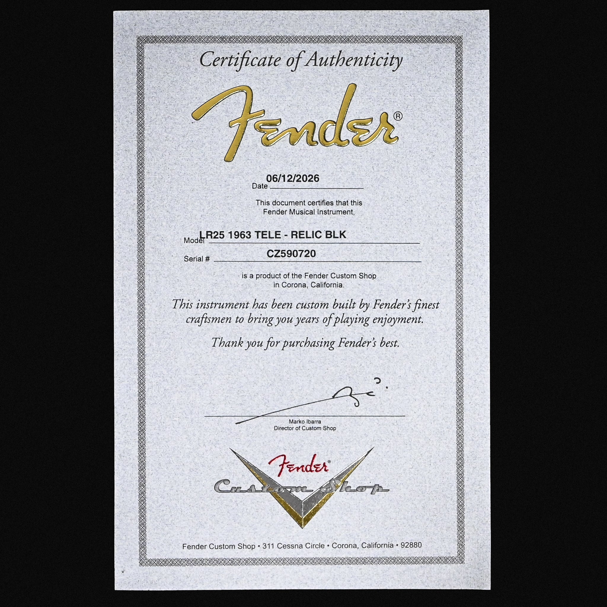 Fender Custom Shop Limited Edition 1963 Telecaster Relic- Black 2026 (CZ590720)