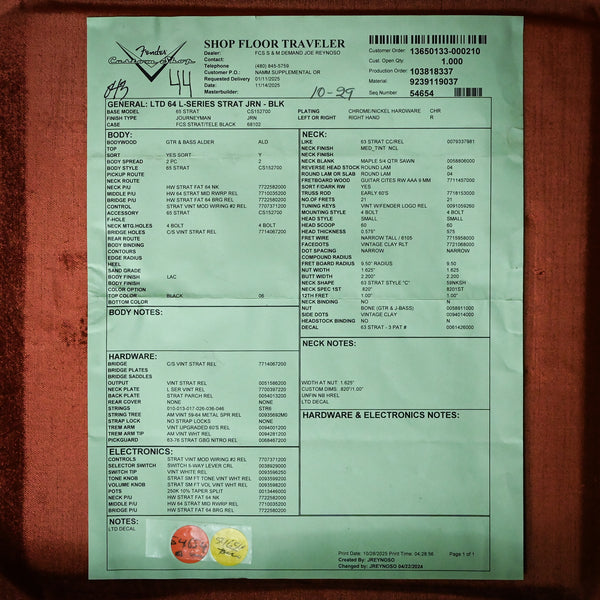 Fender Custom Shop Limited Edition 64 L-Series Stratocaster Journeyman- Black 2025 (L11918)