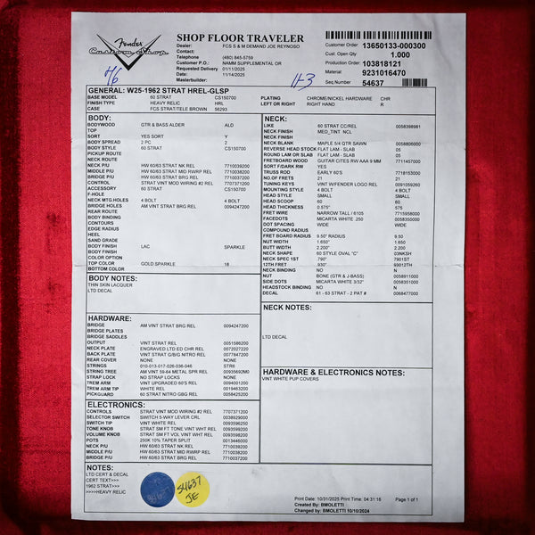 Fender Custom Shop Limited Edition 1962 Stratocaster Heavy Relic- Gold Sparkle 2025 (CZ589416)