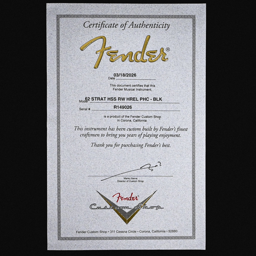 Fender Custom Shop '62 Stratocaster HSS w/ Painted Headcap, Heavy Relic- Black 2026 (R149026)
