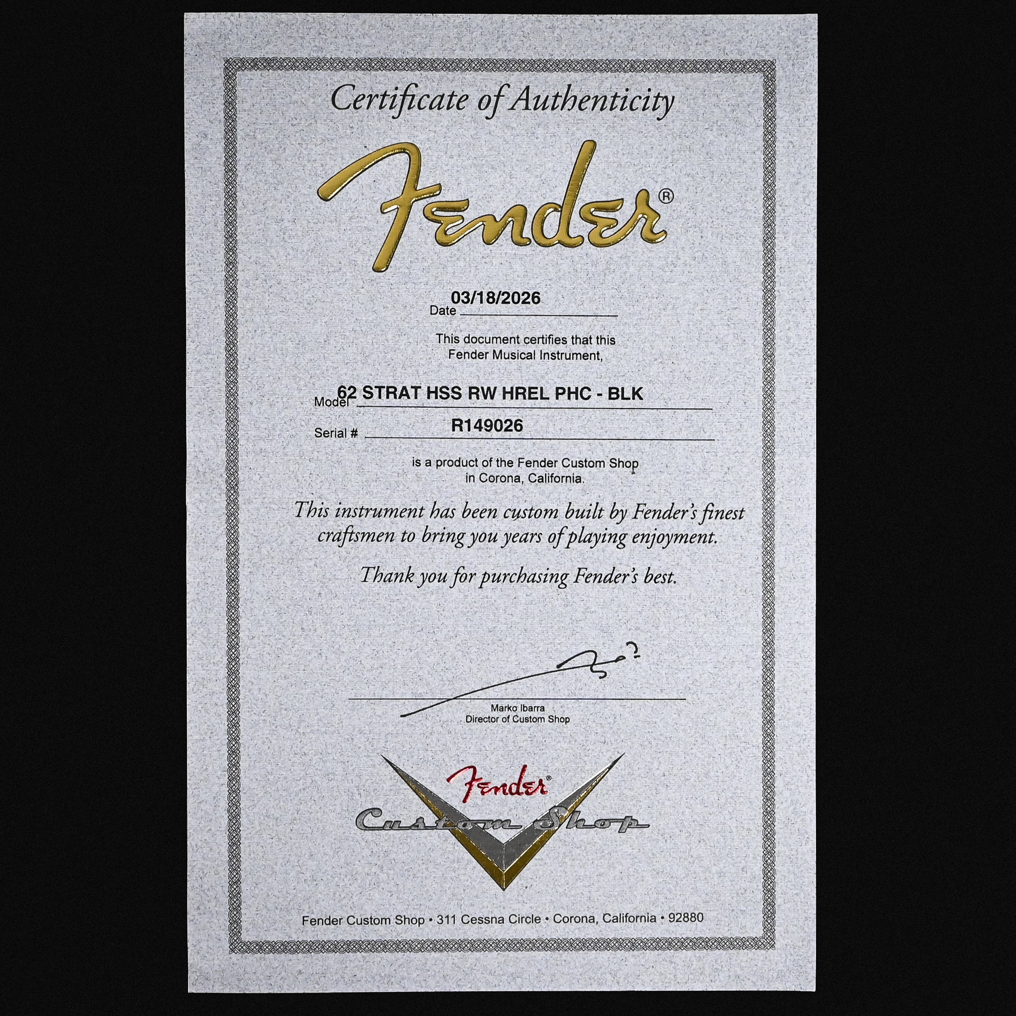 Fender Custom Shop '62 Stratocaster HSS w/ Painted Headcap, Heavy Relic- Black 2026 (R149026)