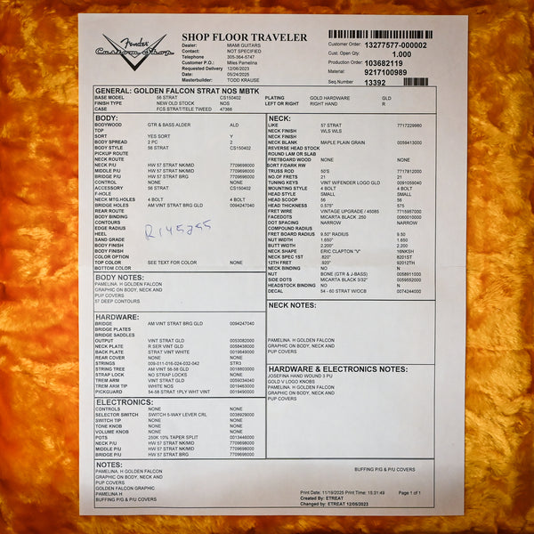 Fender Custom Shop Masterbuilt Todd Krause  Pamelina Artwork Golden Falcon Stratocaser (R145255)