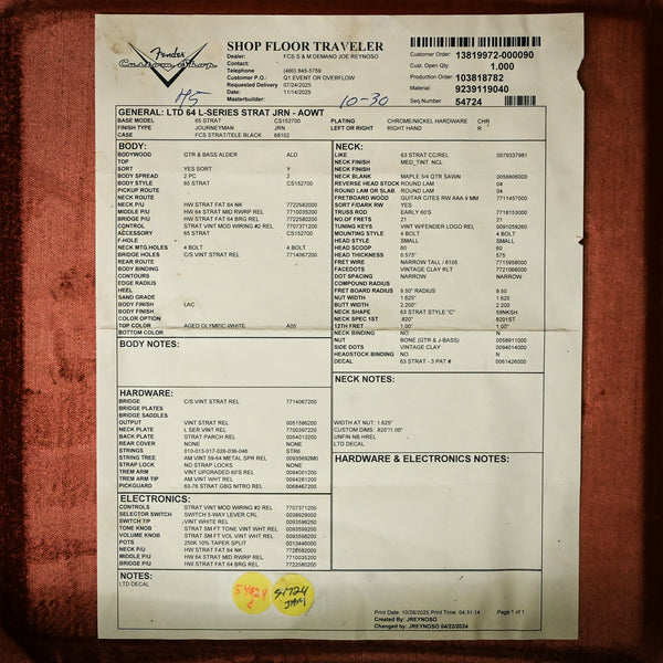 Fender Custom Shop Limited Edition 64 L-Series Stratocaster Journeyman- Aged Olympic White 2025 (L11896)