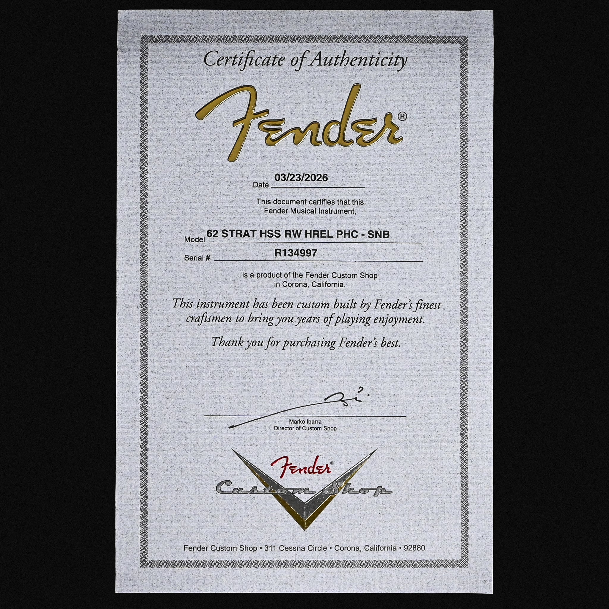 Fender Custom Shop '62 Stratocaster HSS w/ Painted Headcap, Heavy Relic- Sonic Blue 2026 (R134997)