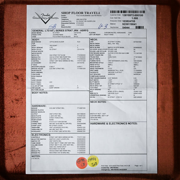 Fender Custom Shop Limited Edition L-Series '64 Stratocaster Journeyman- Aged Surf Green 2025 (L11910)