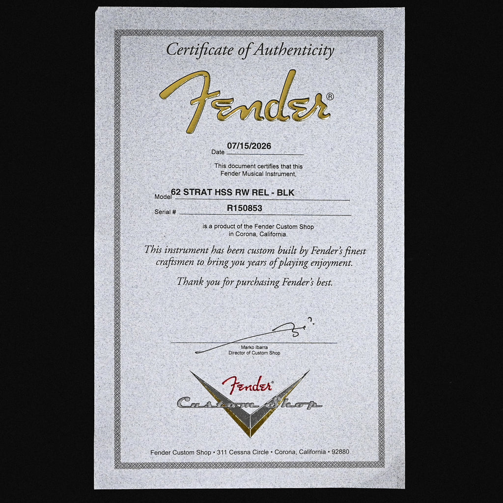 Fender Custom Shop '62 Stratocaster HSS w/ Alder Body, Relic- Black 2026 (R150853)