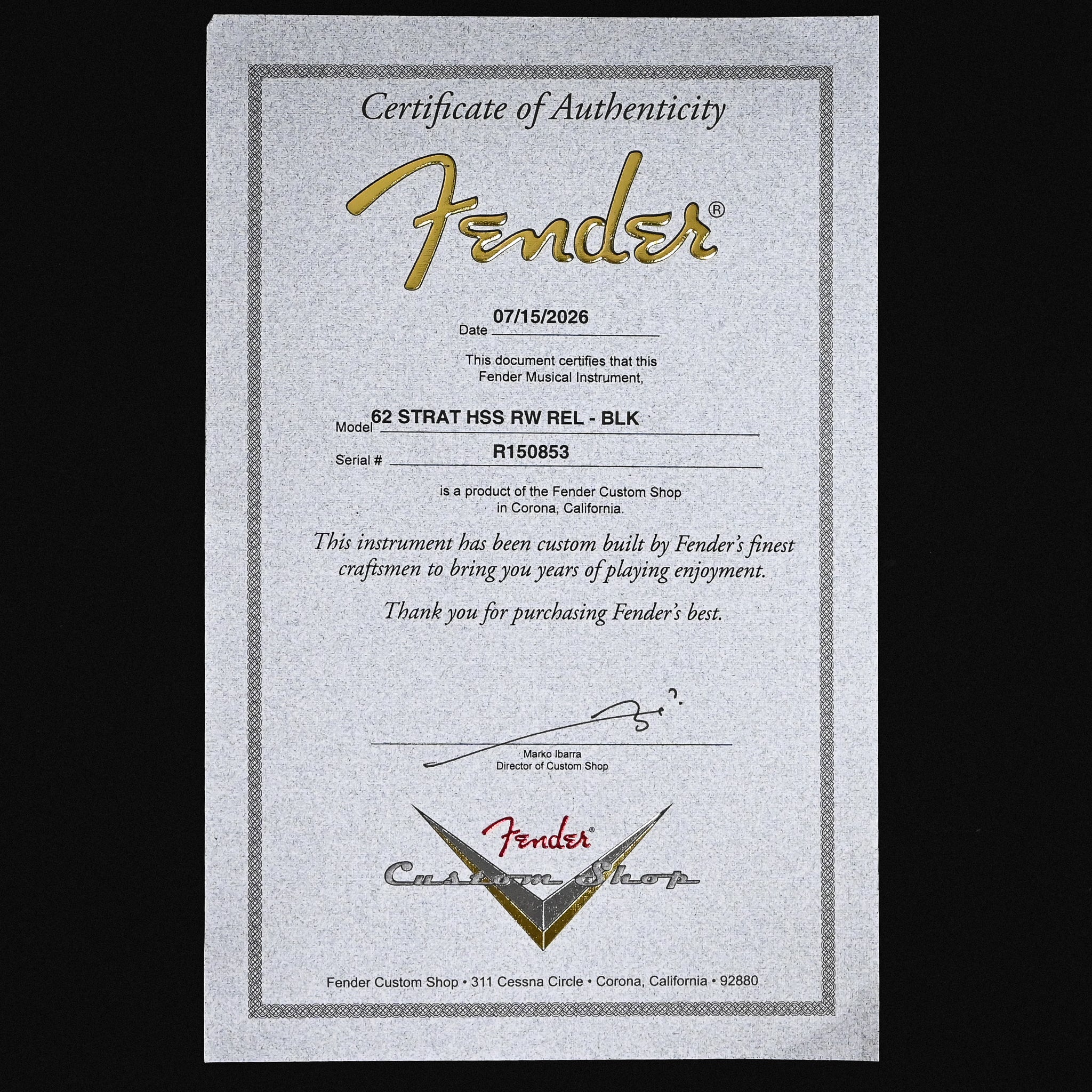 Fender Custom Shop '62 Stratocaster HSS w/ Alder Body, Relic- Black 2026 (R150853)