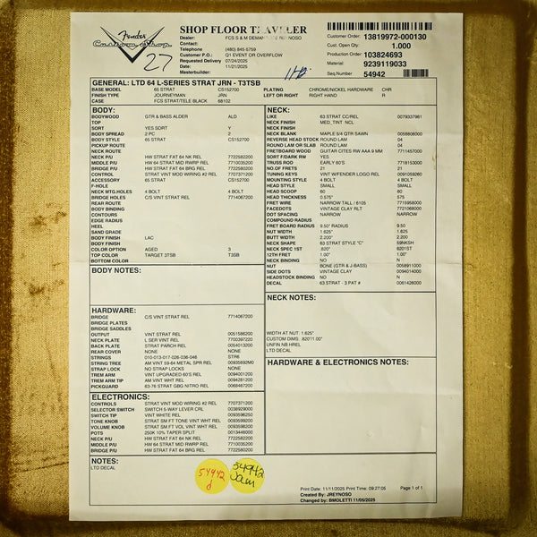 Fender Custom Shop Limited Edition 64 L-Series Stratocaster Journeyman- Aged Target 3-Tone Sunburst 2025 (L11988)