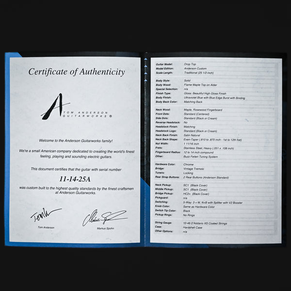 Tom Anderson Custom Drop Top Electric Guitar- Ultraviolet Blue w/ Blue Edge Burst w/ Binding 2025 (11-14-25A)