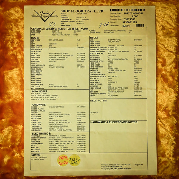 Fender Custom Shop Limited Edition '65 Stratocaster HSS, Heavy Relic- Aged Aqua Marine Metallic 2025 (CZ585172)