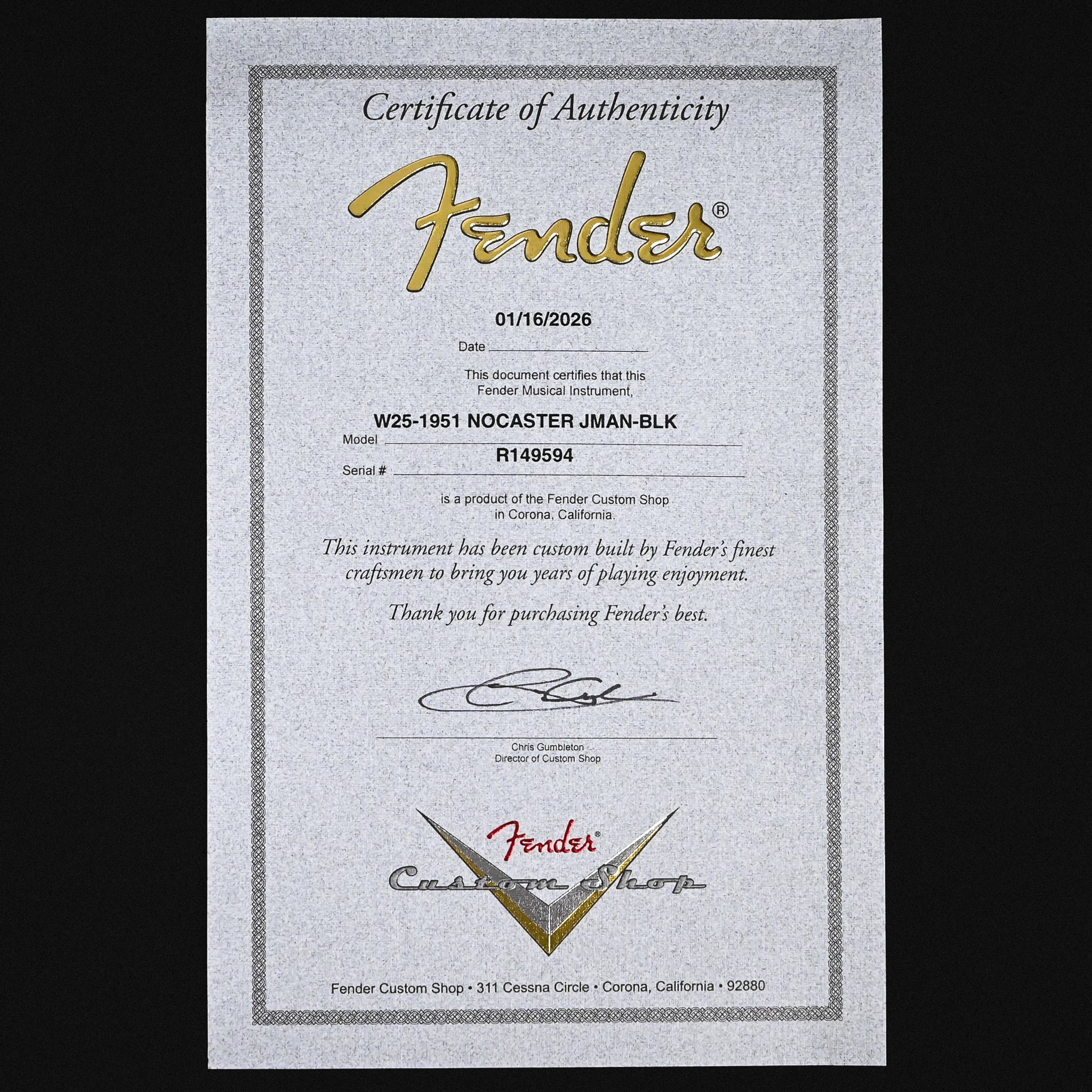 Fender Custom Shop 1951 Nocaster Journeyman- Black 2026 (R149594)