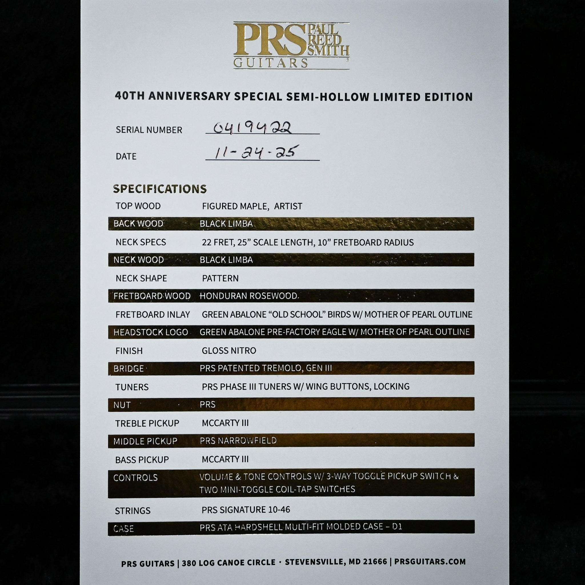 PRS 40th Anniversary Special Semi-Hollow Limited Edition- Custom Color 2025 (0419442)