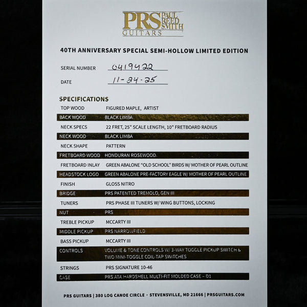 PRS 40th Anniversary Special Semi-Hollow Limited Edition- Custom Color 2025 (0419442)