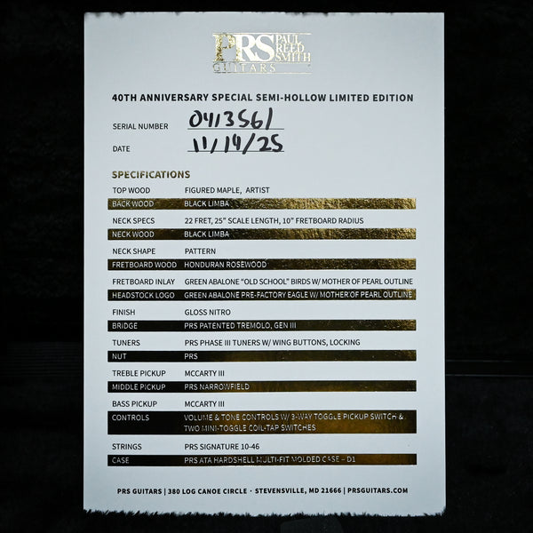 PRS 40th Anniversary Special Semi-Hollow Limited Edition- Yellow Tiger 2025 (0413561)