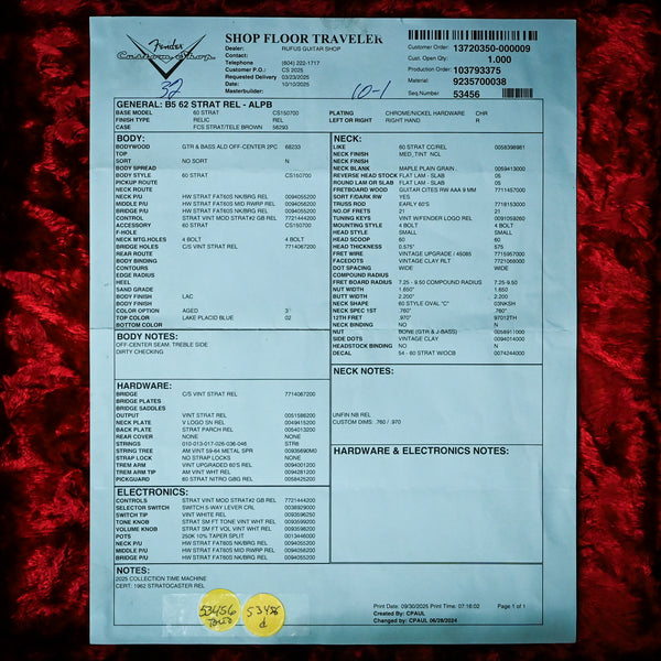 Fender Custom Shop '62 Stratocaster Relic- Aged Lake Placid Blue 2025 (CZ588681)